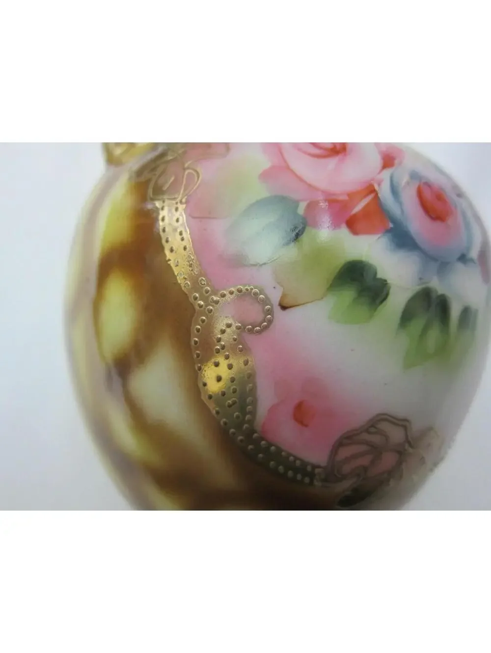 Vintage Nippon Round Vase w/ Handles, Hand Painted Roses Floral Gold Gilded Bead